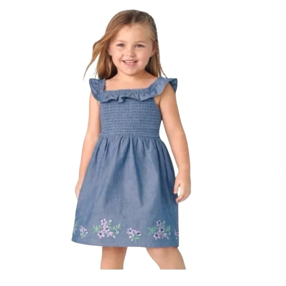 Gymboree Blue Embroidered Floral Smocked Chambray Flutter Dress 5T NWT